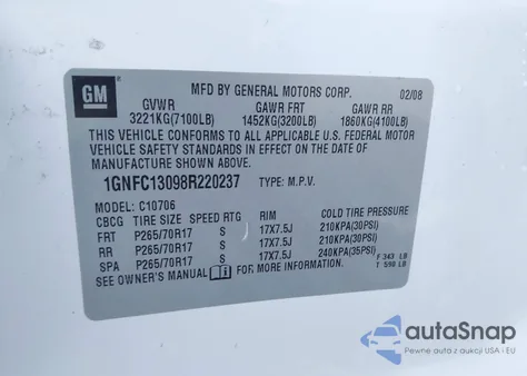 2008 Chevrolet Tahoe Lt из США, поврежденный, VIN 1GNFC13098R220237